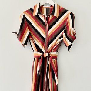 Mango Striped Midi Dress - Red, Brown, Cream